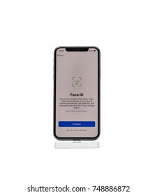 PARIS, FRANCE - NOV 5, 2017: New Apple IPhone X 10 Smartphone Isolated White Background Face ID Settings