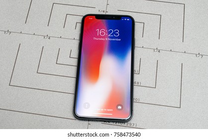 PARIS, FRANCE - NOV 9, 2017: New Apple IPhone X 10 Smartphone Screen After Unboxing And Testing With The Iconic Wallpaper