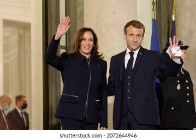 Paris – France – November 10, 2021 - French President Macron welcomes US Vice President Kamala Harris for a meeting at Elysee Palace In Paris – November 10, 2021
