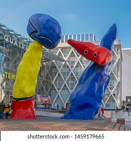 Paris, France - November 17, 2018: Joan Miro sculpture "Personnages Fantastiques" in La Defense business district. Red, blue and yellow abstract sculpture