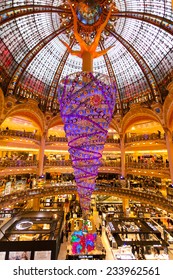 Paris, France - November 26, 2014: The Galeries Lafayette with the Christmas decorations and the upside down tree. The special Christmas Tree is the largest indoor world.