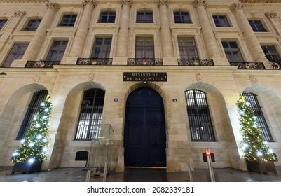 PARIS, FRANCE -November 27, 2021 : The French Ministry of Justice also known as the Chancellerie is located at the Hotel de Bourvallais on famous Vendome square in Paris, France.