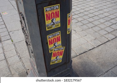 Paris, France - Oct. 10, 2020 - Stickers Against The French Government's Bioethics Bill, Relating To MAP Without A Father For All Women, Gestational Surrogacy, Chimera And Unrestricted Abortion