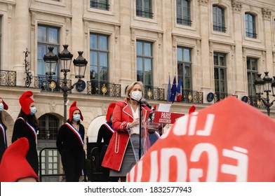 Paris, France - Oct. 10, 2020 - Ludovine De La Rochère, President Of La Manif Pour Tous, Delivers A Speech At A Protest In Place Vendôme Against Modern Slavery, MAP Without A Father And Surrogacy