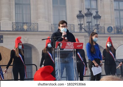 Paris, France - Oct. 10, 2020 - Speech Of Albéric Dumont, The Young Vice-Président Of La Manif Pour Tous, At A Manifestation In Defense Of The Family And Against Modern Slavery And Fatherless MAP 