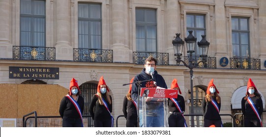 Paris, France - Oct. 10, 2020 - Speech Of Albéric Dumont, The Young Vice-Président Of La Manif Pour Tous, At A Manifestation In Defense Of The Family And Against Modern Slavery And Fatherless MAP 