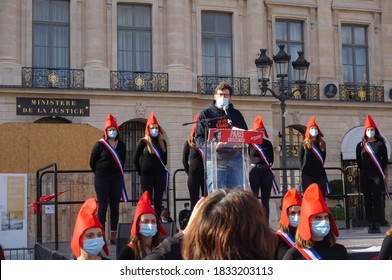 Paris, France - Oct. 10, 2020 - Speech Of Albéric Dumont, The Young Vice-Président Of La Manif Pour Tous, At A Manifestation In Defense Of The Family And Against Modern Slavery And Fatherless MAP 