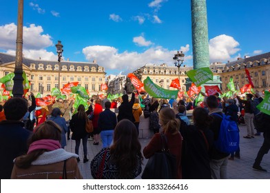 Paris, France - Oct. 10, 2020 - Multigenerational Crowd Of Demonstrators, Waving Colorful Flags, Opposing The Biethics Bill Which Plans Fatherless MAP, Late Abortion And Surrogacy, In Place Vendôme