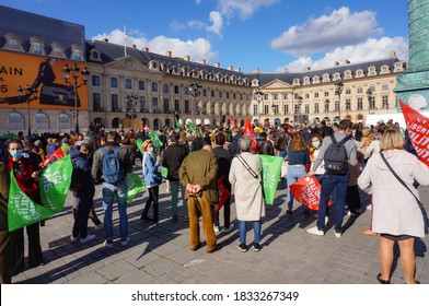 Paris, France - Oct. 10, 2020 - Multigenerational Crowd Of Demonstrators, Waving Colorful Flags, Opposing The Biethics Bill Which Plans Fatherless MAP, Late Abortion And Surrogacy, In Place Vendôme