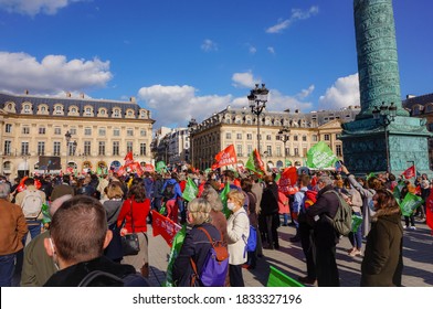 Paris, France - Oct. 10, 2020 - Multigenerational Crowd Of Demonstrators, Waving Colorful Flags, Opposing The Biethics Bill Which Plans Fatherless MAP, Late Abortion And Surrogacy, In Place Vendôme