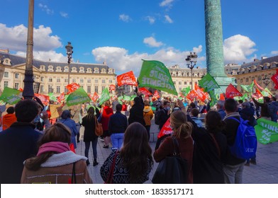 Paris, France - Oct. 10, 2020 - Multigenerational Crowd Of Demonstrators, Waving Colorful Flags, Opposing The Biethics Bill Which Plans Fatherless MAP, Late Abortion And Surrogacy, In Place Vendôme