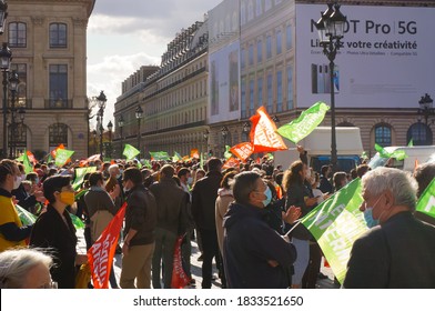 Paris, France - Oct. 10, 2020 - Crowd Of Protesters, Arriving From  Rue De La Paix And Waving Flags, At Marchons Enfants' Demonstration Against MAP Without A Father And Gestational Surrogacy