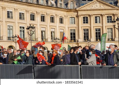 Paris, France - Oct. 10, 2020 - Multigenerational Crowd Of Protesters, Waving Flags And Demonstrating In Place Vendôme Against Modern Slavery And Fatherless Medically Assisted Procreation (MAP)