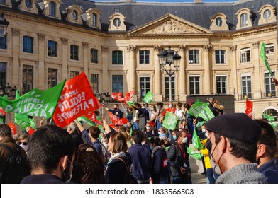 Paris, France - Oct. 10, 2020 - Multigenerational Crowd Of Protesters, Waving Flags And Demonstrating In Place Vendôme Against Modern Slavery And Fatherless Medically Assisted Procreation (MAP)