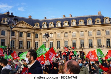 Paris, France - Oct. 10, 2020 - Multigenerational Crowd Of Protesters, Waving Flags At Marchons Enfants' Manifestation In Place Vendôme Against Modern Slavery, MAP Without A Father And Surrogacy