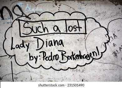 PARIS FRANCE OCT 16 2014: Graffitis For To Remember On 31 August 1997, Diana, Princess Of Wales Died As A Result Of Injuries Sustained In A Car Crash In The Pont De L Alma Road Tunnel In Paris, France