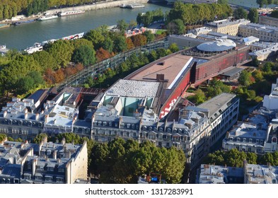 PARIS FRANCE OCT 16: Bird Eye View From The Eiffel Tower Musee Du Quai Branly Jacques Chirac Is A Museum Featuring The Indigenous Art And Cultures Of Africa, Asia, Oceania, And The Americas