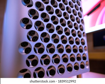 Paris, France - Oct 23, 2020: Side view of new Apple Computers Mac Pro Xeom workstation air ducts holes - close-up macro