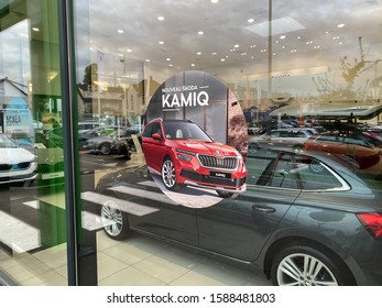 Paris, France - Oct 25, 2019: Entrance To Skoda Auto Car Showroom With Advertisng For The New Kamiq SUV Launch