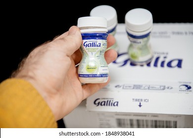 Paris, France - Oct 27, 2020: POV Male Hand Holding Package With New Gallia Infant Formula For Babies Premium Galliagest