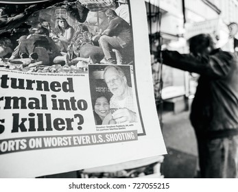 PARIS, FRANCE - OCT 3, 2017: Photo Of Killer Stephen Paddock In Newspaper With Socking Title Photo At Press Kiosk About The 2017 Las Vegas Strip Shooting In United States 60 Fatalities 527 Injuries