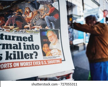 PARIS, FRANCE - OCT 3, 2017: Photo Of Killer Stephen Paddock In Newspaper With Socking Title And Photo Press Kiosk About The 2017 Las Vegas Strip Shooting In United States 60 Fatalities 527 Injuries