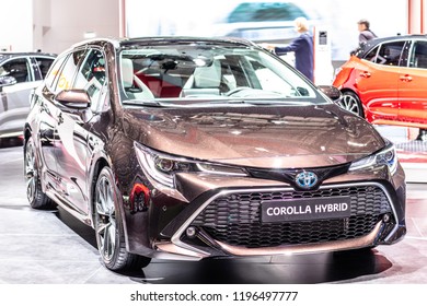 Paris, France, October 02, 2018:  metallic graphite Toyota Corolla Hybrid at Mondial Paris Motor Show, produced by Japanese automaker Toyota - Shutterstock ID 1196497777