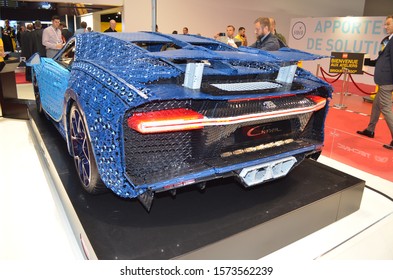 Paris, France - October 02, 2018: Bugatti Chiron LEGO Presented At Paris Motor Show