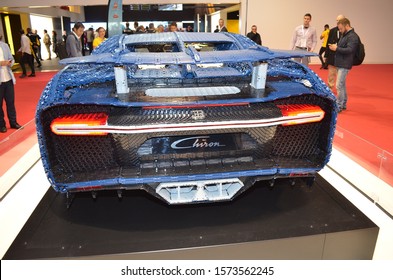 Paris, France - October 02, 2018: Bugatti Chiron LEGO Presented At Paris Motor Show