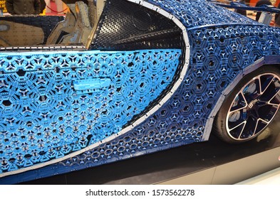 Paris, France - October 02, 2018: Bugatti Chiron LEGO Presented At Paris Motor Show