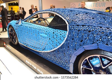 Paris, France - October 02, 2018: Bugatti Chiron LEGO Presented At Paris Motor Show