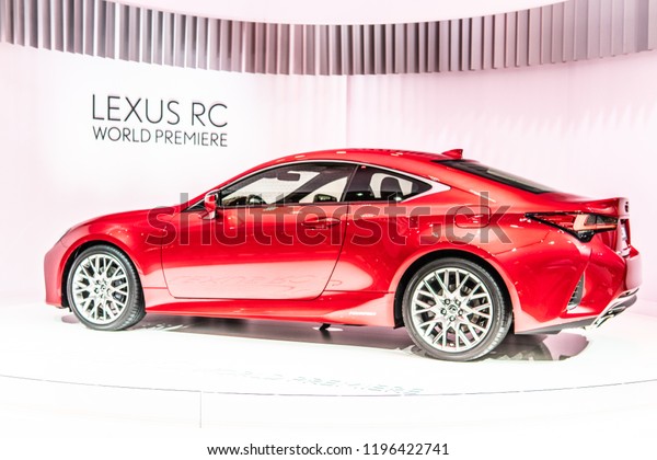 Paris, France, October 02,
2018: metallic red LEXUS RC 300h hybrid ENGINEERED FOR PURE
ENJOYMENT at Mondial Paris Motor Show, produced by Japanese car
maker Lexus