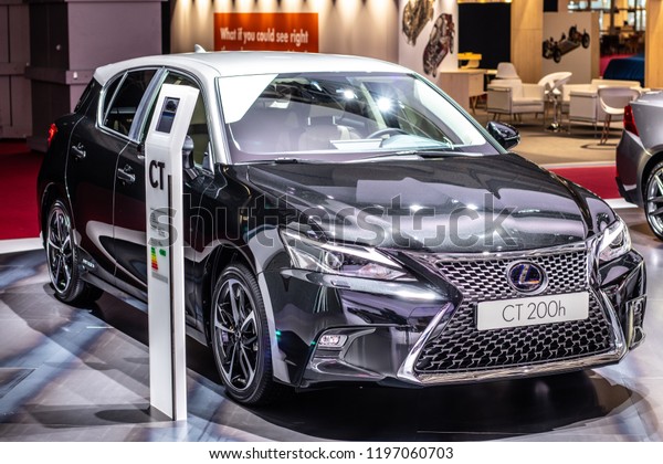 Paris, France, October 02, 2018: metallic\
graphite LEXUS CT 200h hybrid EFFORTLESS LUXURY at Mondial Paris\
Motor Show, produced by Japanese car maker\
Lexus