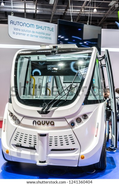 Paris, France, October 02, 2018: NAVYA Autonomous\
Vehicles, AUTONOM SHUTTLE bus, driverless and electric, innovative,\
effective, clean and intelligent mobility solution, at Mondial\
Paris Motor Show