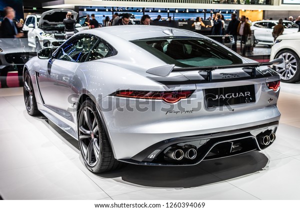 Paris, France, October 02, 2018: Jaguar F-Type SVR\
Special Vehicle Operations at Mondial Paris Motor Show,  two-seater\
sports car, manufactured by British luxury car manufacturer\
Jaguar