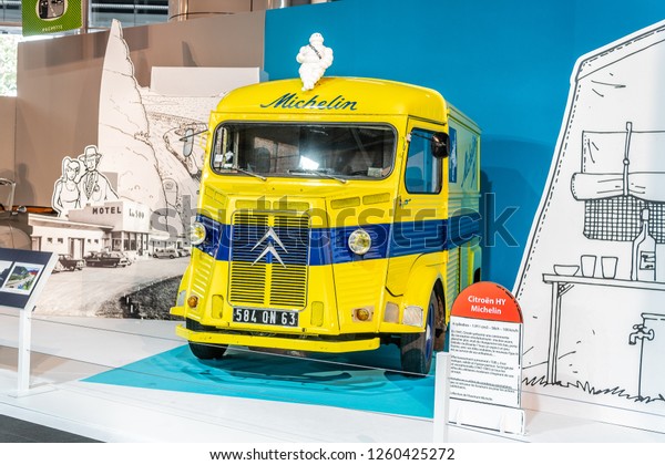 Paris, France, October 02, 2018: yellow vintage
Citroen HY Michelin bus van, glossy and shiny old classic retro
auto at Mondial Paris Motor
Show