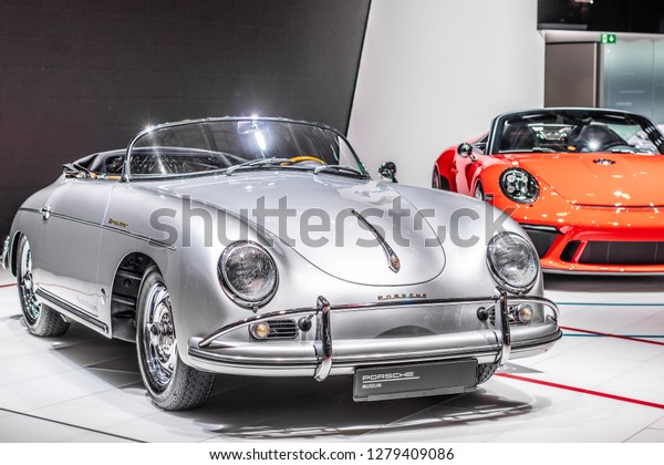 Paris, France, October\
02, 2018: metallic silver Porsche 356 A 1600 Super Speedster at\
Mondial Paris Motor Show, sports car manufactured by German car\
manufacturer Porsche