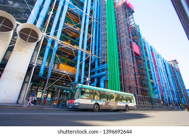 PARIS, FRANCE - October 10, 2016 : Bus near Facade of the Centre of Georges Pompidou . The Centre of Georges Pompidou is one of the most famous museums of the modern 