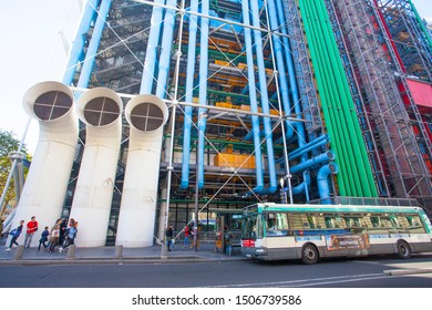 PARIS, FRANCE - October 10, 2016 :PARIS, FRANCE - October 10, 2016 : Bus near Facade of the Centre of Georges Pompidou . The Centre of Georges Pompidou is one of the most famous museums of the modern 