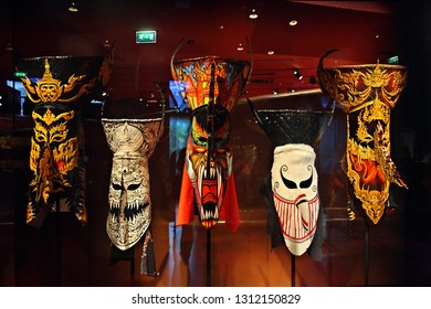 PARIS, FRANCE- October 11, 2016. Traditional Masks From Thailand In The Museum Du Quai Branly.