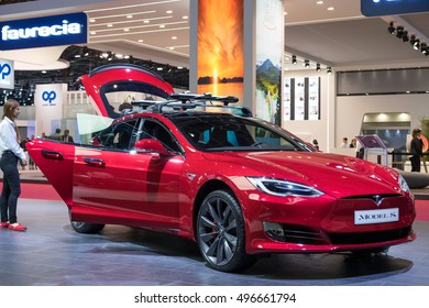 PARIS, FRANCE - OCTOBER 11, 2016: Tesla Model S is displayed at Paris Motor Show. The Tesla Model S is a full-size all-electric five-door, luxury liftback. 