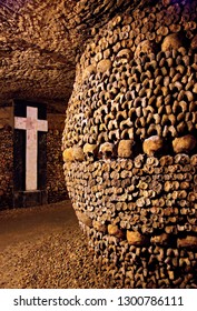 PARIS, FRANCE - October 14, 2016. In the Catacombs of Paris, a huge ossuary in some abandoned mines in Montparnasse. 