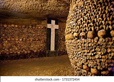 PARIS, FRANCE - October 14, 2016. In the Catacombs of Paris, a huge ossuary in some abandoned mines in Montparnasse. 