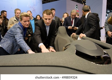 PARIS, FRANCE - OCTOBER 15, 2016 : Emmanuel Macron On The Stand Faurecia At The Paris Motor Show 2016.