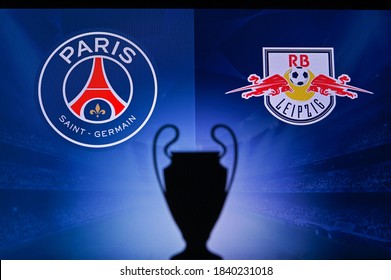 PARIS, FRANCE, OCTOBER. 16. 2020: Paris Saint-Germain vs. RB Leipzig. Football UEFA Champions League 2021 Group Stage match. UCL Trophy silhouette, sign of club on the screen in background