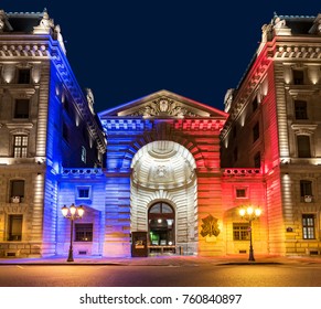 Paris, France - October 17, 2017: Night View Of Gate At Police Prefecture At Night. Copy Space In Sky.