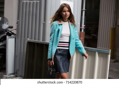 Paris, France - October 2, 2016: Street Style Fashion Photo. Svetlana Shashkova Wearing Leather Skirt And Blue Jacket Before Dior Show Ready To Wear Spring/summer 2017(Street Style By Alena Vezza)