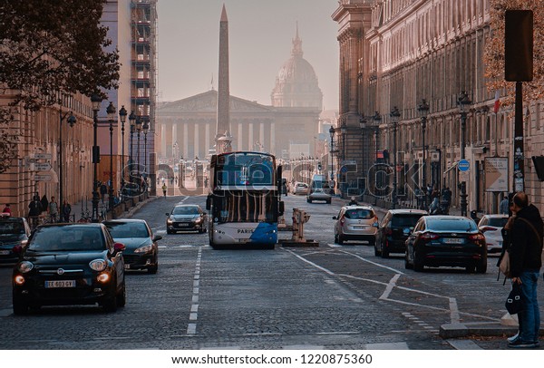 Paris, France - October 21\
2018: Sightseeing bus on the way from Place de la Concorde to La\
Madeleine