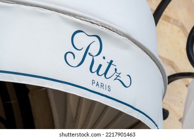 Paris, France - October 23, 2022: Detail Of A Canopy Of The Famous Ritz Hotel In Paris With The Hotel Logo. The Ritz Hotel Is Considered One Of The Most Beautiful And Luxurious Hotels In The World