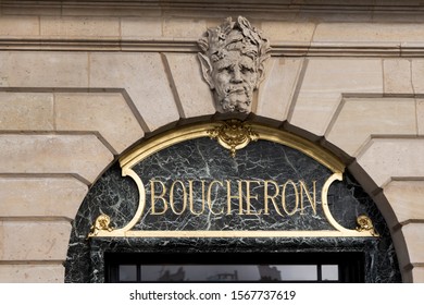 PARIS, FRANCE - OCTOBER 24, 2019. Boucheron Logo On Boucheron  Store. Boucheron  A French Luxury Jewellery And Watches House Located In Paris On Place Vendôme